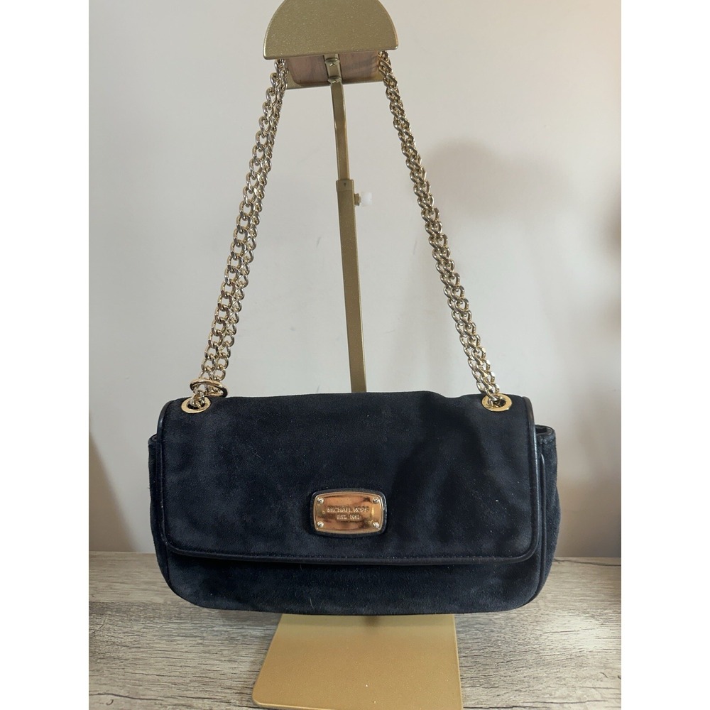 Michael Kors Crossbody Black Suede With Gold‎ Chain Link Strap Purse